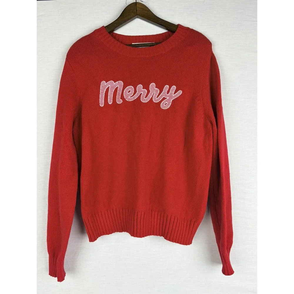 LOFT Womens Red Merry Graphic Knit Crewneck‎ Sweater Holiday Christmas Large